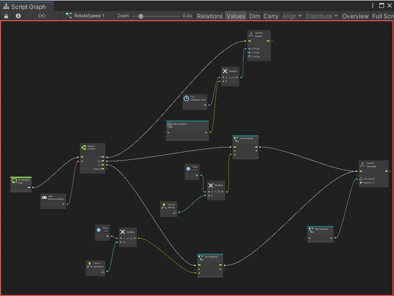 A view of the Graph Editor with multiple nodes and connections in a Script Graph